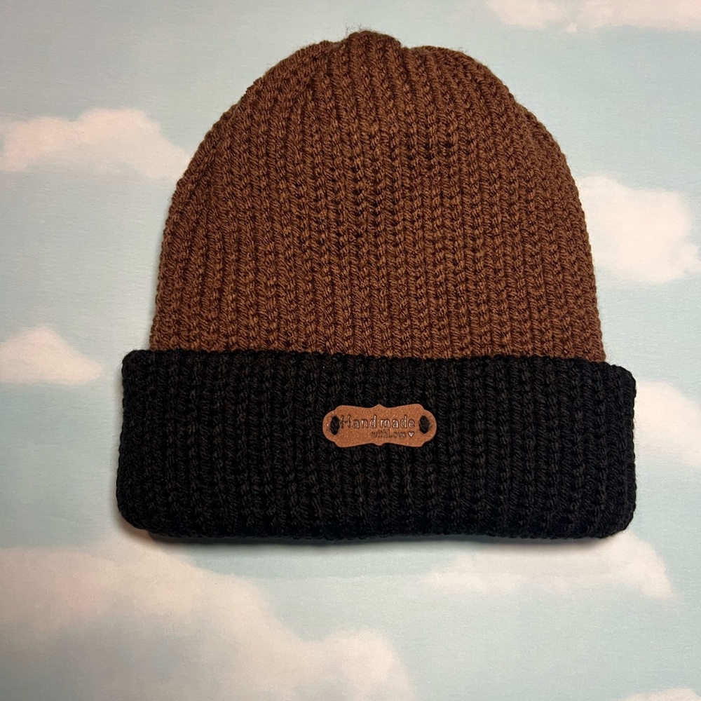 Handmade Two-Tone Brown and Black Knit Beanie